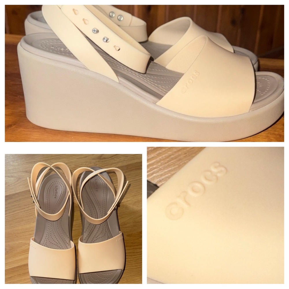 CROCS size 9 Women's Brooklyn Cream Wedge Sandals like new worn once - Picture 2 of 7
